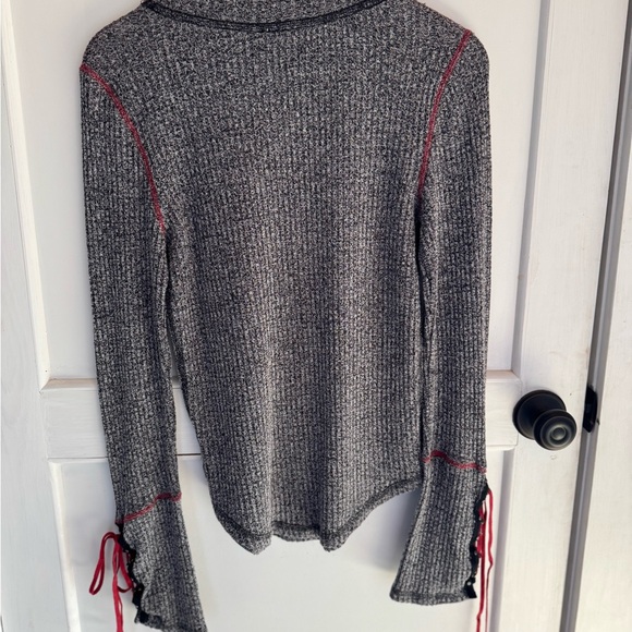 Free People Black and White Waffle Knit Sweater with Lace Up Detail Sleeves - Picture 7 of 7